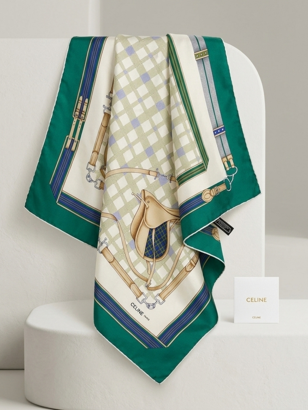 CELINE Paris Vtg Silk Scarf Equestrian Saddle Harness Motif Green Checkered 86cm - Picture 2 of 10